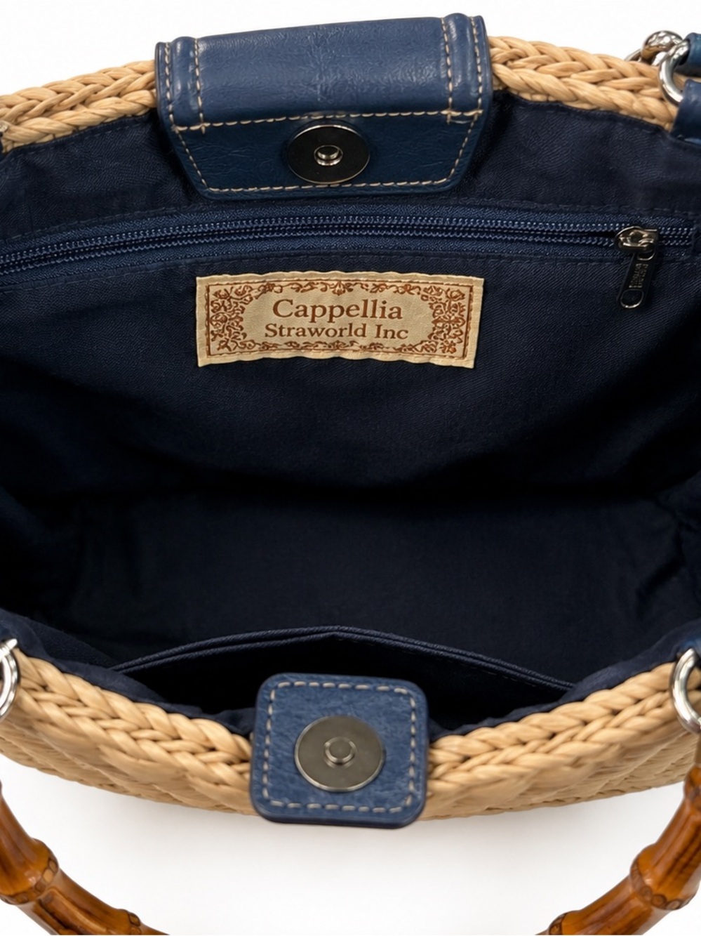 Cappelli Straworld Inc Woven Straw Bamboo Handle Basket Tote Bag Navy - Picture 7 of 11
